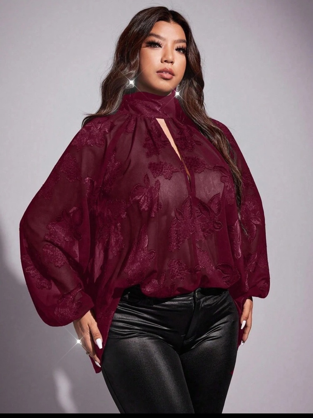 Plus Size Burgundy Sheer Lace Blouse with Keyhole Neck size XXL BNWOT